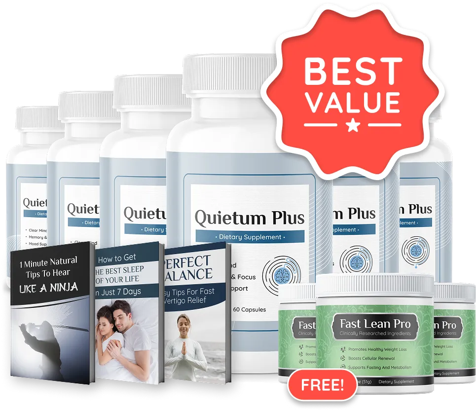 Six bottles of Quietum Plus dietary supplement with free bonus ebooks and bonus product, labeled as best value package