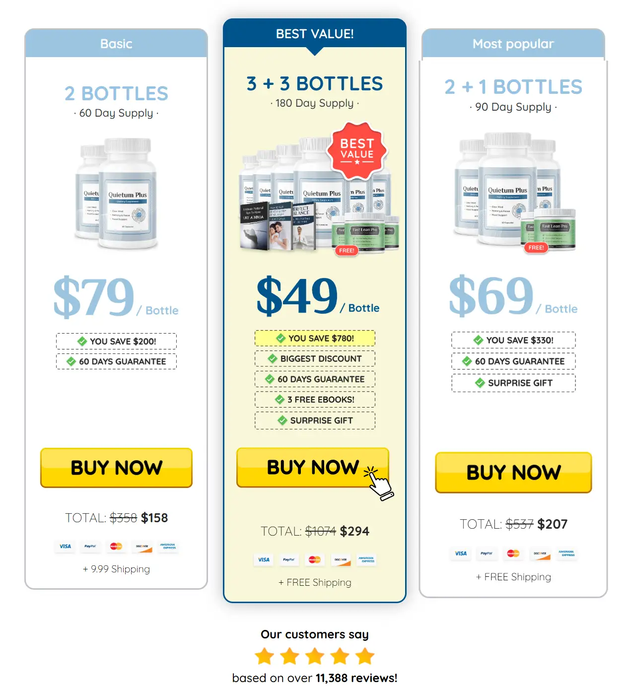 Quietum Plus pricing packages showing 2-bottle, 3+3 bottle best value, and 2+1 bottle bundles with discounts and free shipping