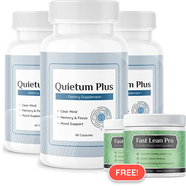 Three bottles of Quietum Plus dietary supplement with a free bonus product, supporting brain health, memory, focus, and hearing wellness