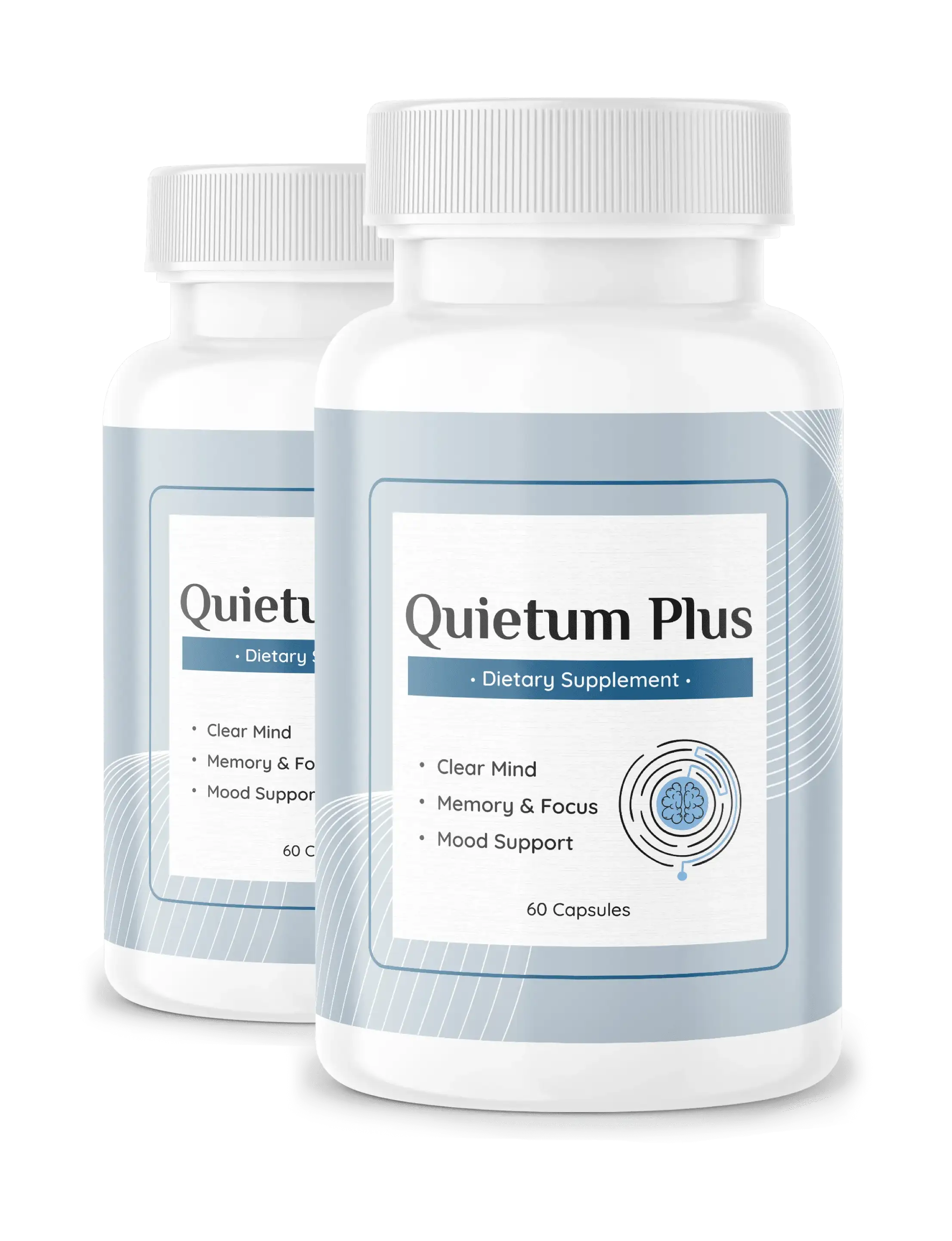 Two bottles of Quietum Plus dietary supplement designed to support brain health, memory, focus, and overall hearing wellness
