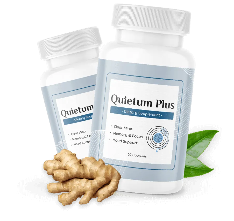 Two bottles of Quietum Plus dietary supplement with ginger root, supporting brain, memory, focus, and hearing wellness